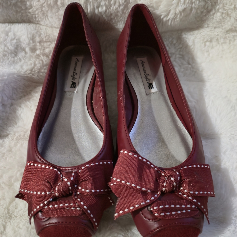 American Eagle Burgundy Ballet Flats with Stitched Bow